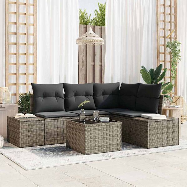 vidaXL Conjunto de sof&aacute; de jard&iacute;n 5 pcs Gris rat&aacute;n sint&eacute;tico