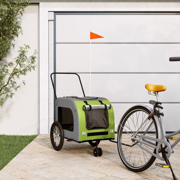 vidaXL Remolque de bicicleta mascotas hierro tela Oxford verde gris