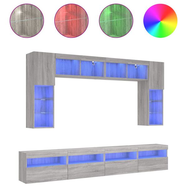 vidaXL Muebles de TV de pared con luces LED 8 piezas gris sonoma