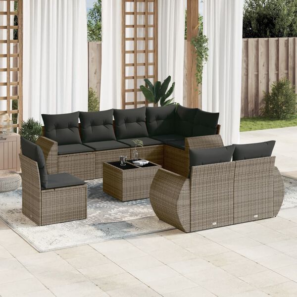 vidaXL Set de muebles de jard&iacute;n 9 pzas y cojines rat&aacute;n sint&eacute;tico gris