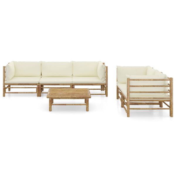 vidaXL Set de muebles de jardín 6 piezas bambú y cojines blanco crema