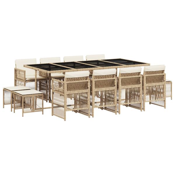 vidaXL Set comedor de jard&iacute;n con cojines 13 pzas rat&aacute;n sint&eacute;tico beige
