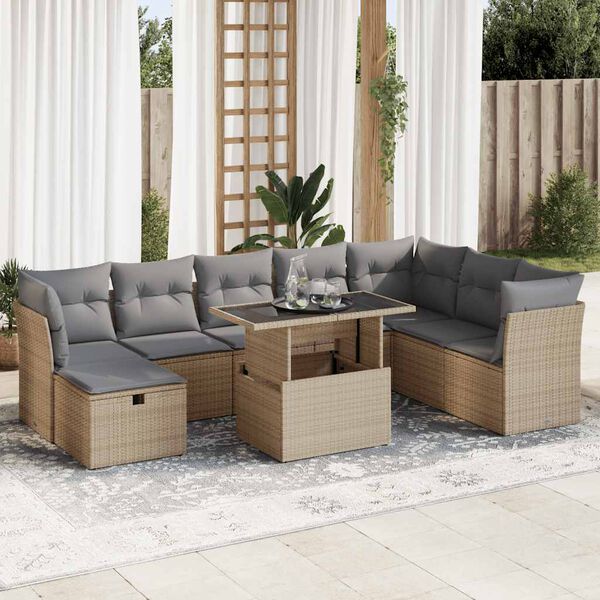 vidaXL Set de sof&aacute;s de jard&iacute;n con cojines 9 pzas rat&aacute;n sint&eacute;tico beige