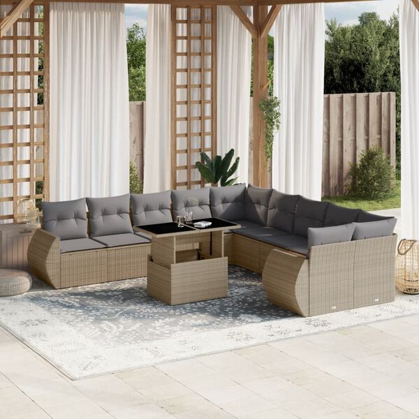 vidaXL Set de sof&aacute;s de jard&iacute;n 11pzas con cojines rat&aacute;n sint&eacute;tico beige