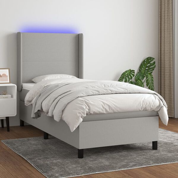 vidaXL Cama box spring colch&oacute;n y luces LED tela gris claro 90x190 cm