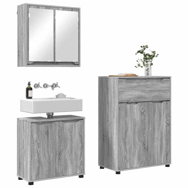 vidaXL Juego de muebles de ba&ntilde;o 3 pcs Gris Sonoma Madera contrachapada