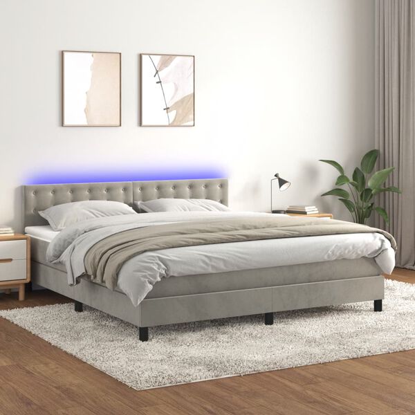vidaXL Cama box spring colch&oacute;n y LED terciopelo gris claro 180x200 cm
