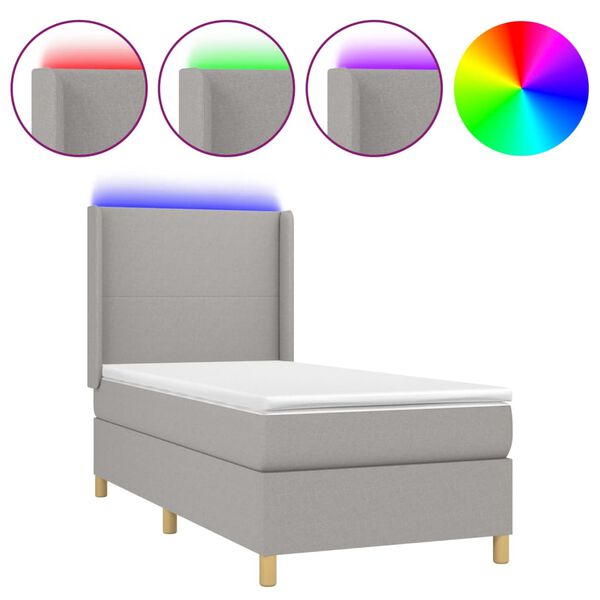 vidaXL Cama box spring colch&oacute;n y luces LED tela gris claro 90x190 cm