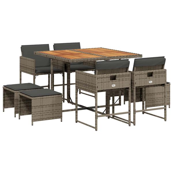 vidaXL Set comedor jard&iacute;n 9 pzas y cojines rat&aacute;n sint&eacute;tico gris