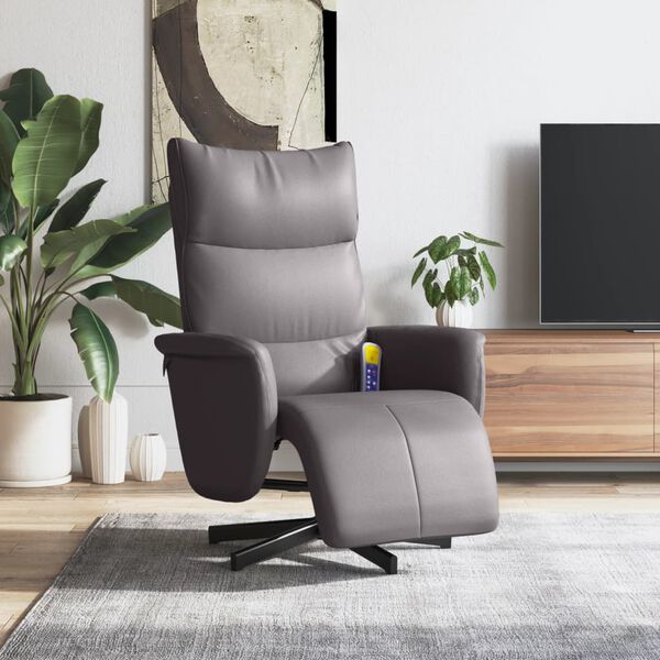 vidaXL Sill&oacute;n reclinable de masaje con reposapi&eacute;s cuero sint&eacute;tico gris