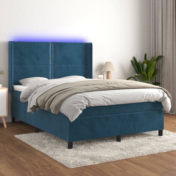 vidaXL Cama box spring colch&oacute;n y LED terciopelo azul oscuro 140x200 cm