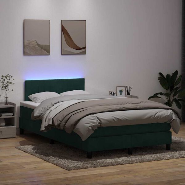 vidaXL Cama box spring con colch&oacute;n y LED terciopelo verde oscuro 120x220 cm