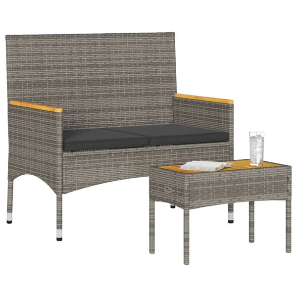 vidaXL Banco de jard&iacute;n 2 plazas con cojines y mesa rat&aacute;n PE gris