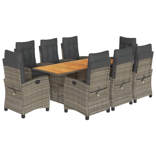 vidaXL Set comedor jard&iacute;n 9 pzas y cojines rat&aacute;n sint&eacute;tico gris