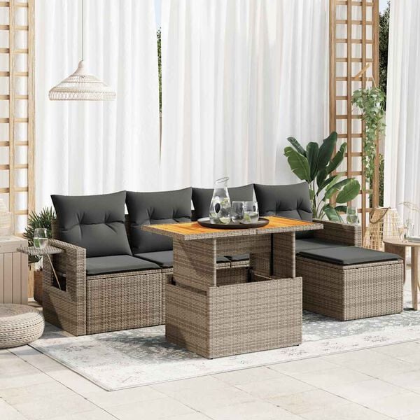 vidaXL Set de muebles de jard&iacute;n 6 pzas y cojines rat&aacute;n sint&eacute;tico gris