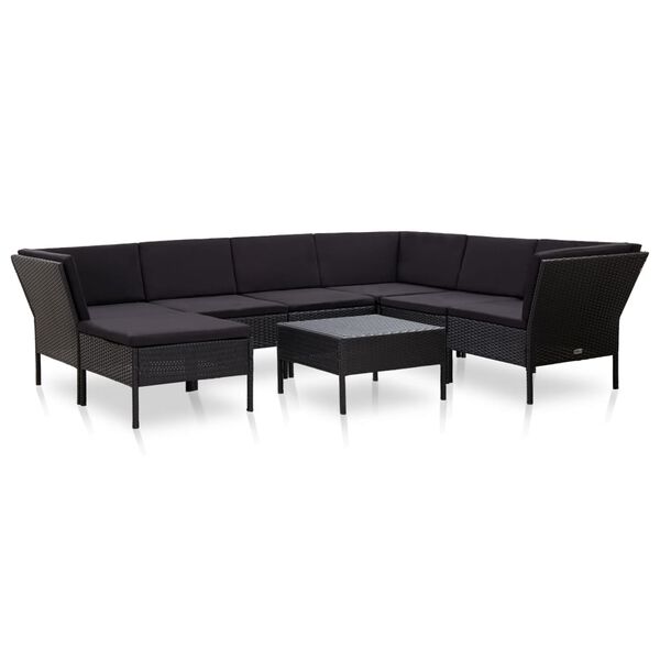 vidaXL Set muebles de jard&iacute;n 8 piezas y cojines rat&aacute;n sint&eacute;tico negro