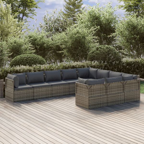 vidaXL Set de muebles de jard&iacute;n 10 pzas y cojines rat&aacute;n sint&eacute;tico gris