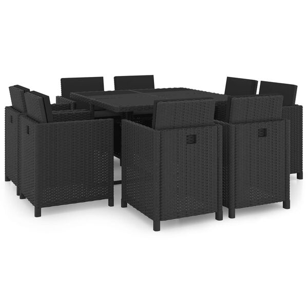 vidaXL Set comedor de jard&iacute;n 9 piezas y cojines rat&aacute;n sint&eacute;tico negro