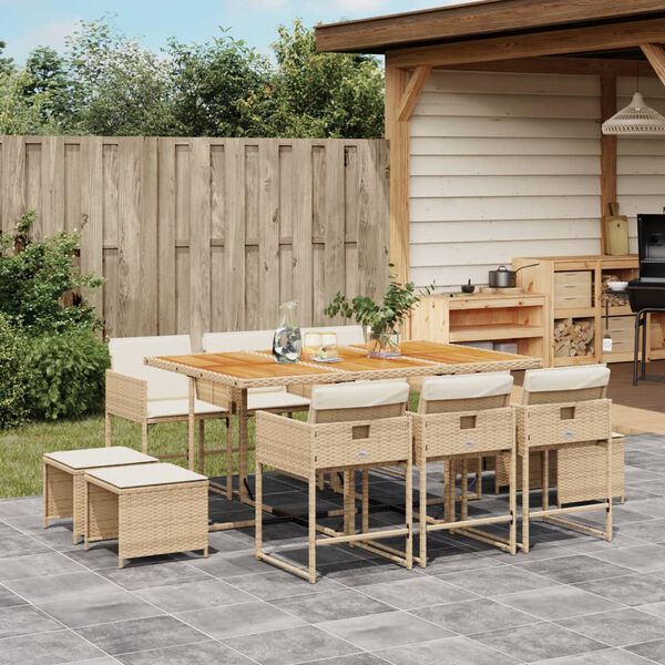 vidaXL Set comedor de jard&iacute;n 11 pzas con cojines rat&aacute;n sint&eacute;tico beige