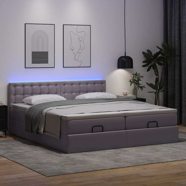 vidaXL Cama otomana colchón y LED cuero sintético gris 180x200 cm