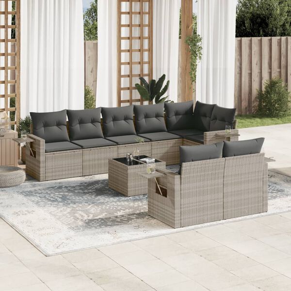 vidaXL Set muebles jard&iacute;n 9 pzas y cojines rat&aacute;n sint&eacute;tico gris claro