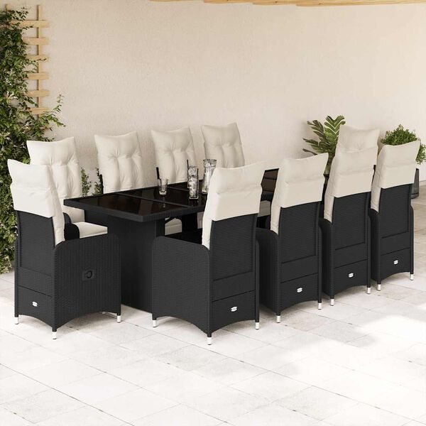 vidaXL Set de mesa y sillas de jard&iacute;n y cojines 11 pzas rat&aacute;n PE negro