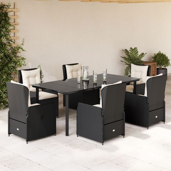 vidaXL Set de comedor de jard&iacute;n 7 pzas y cojines rat&aacute;n sint&eacute;tico negro