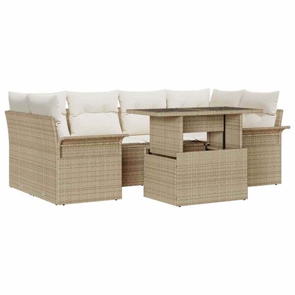 vidaXL Conjunto de sof&aacute; de jard&iacute;n 7 pcs Beige Rattan de Poli&eacute;ster