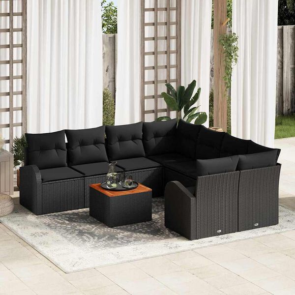 vidaXL Conjunto de sof&aacute;s de jard&iacute;n 9 pcs Negro rat&aacute;n sint&eacute;tico