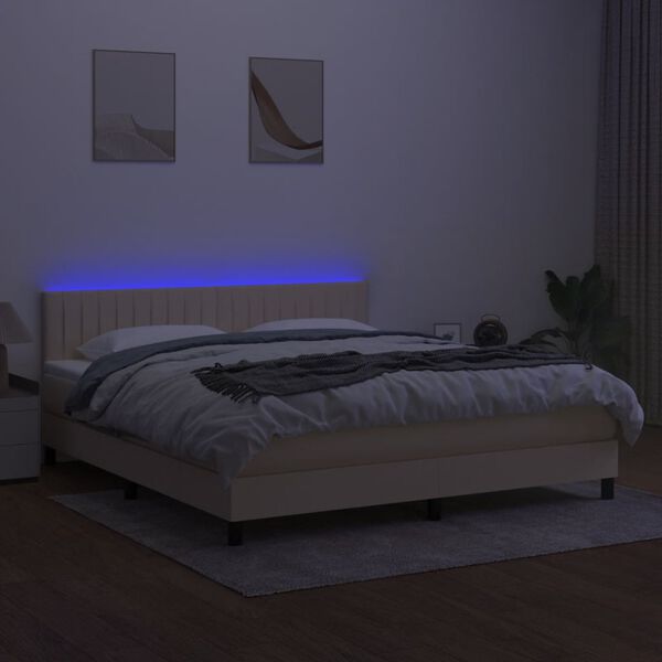 vidaXL Cama box spring colch&oacute;n y luces LED tela crema 180x200 cm