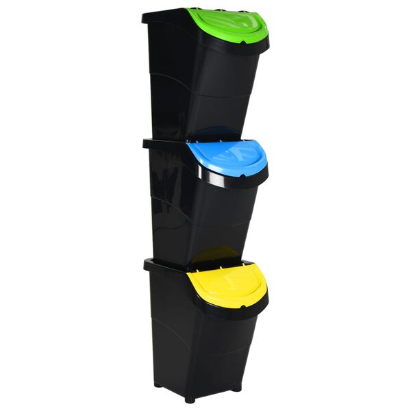 vidaXL Cubos de basura apilables con tapa 3 uds PP negro 120 L