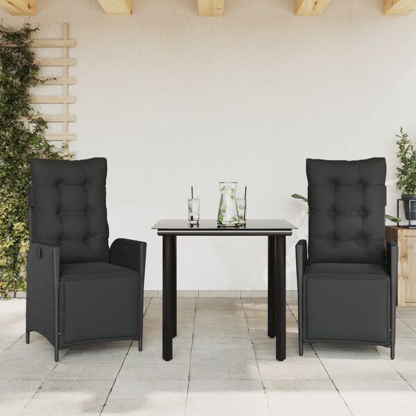 vidaXL Set comedor de jard&iacute;n 3 pzas con cojines rat&aacute;n sint&eacute;tico negro