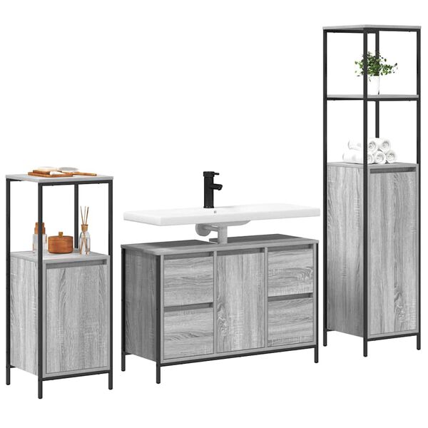 vidaXL Juego de muebles de ba&ntilde;o con caj&oacute;n 3 pcs Gris sonoma y Negro