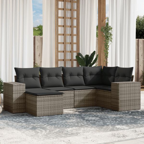 vidaXL Set de muebles de jard&iacute;n 6 pzas y cojines rat&aacute;n sint&eacute;tico gris