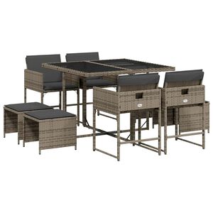 vidaXL Set comedor jard&iacute;n 9 pzas y cojines rat&aacute;n sint&eacute;tico gris