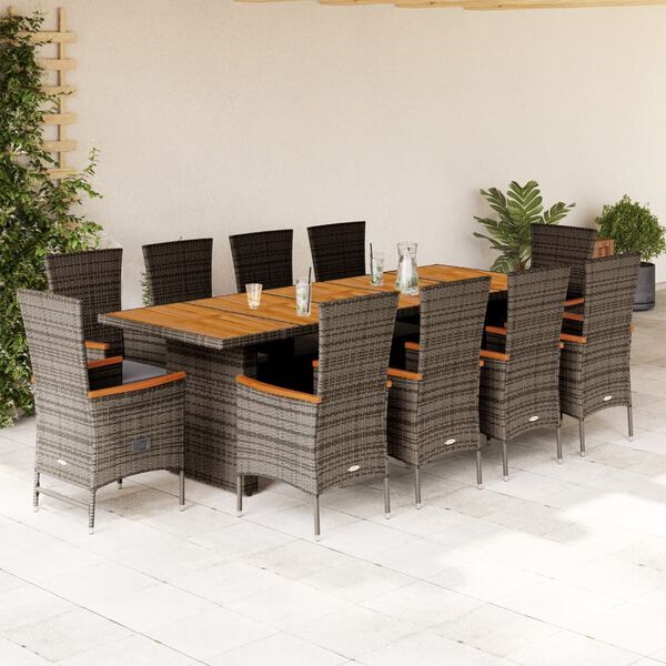 vidaXL Set de comedor de jard&iacute;n 11 pzas y cojines rat&aacute;n sint&eacute;tico gris