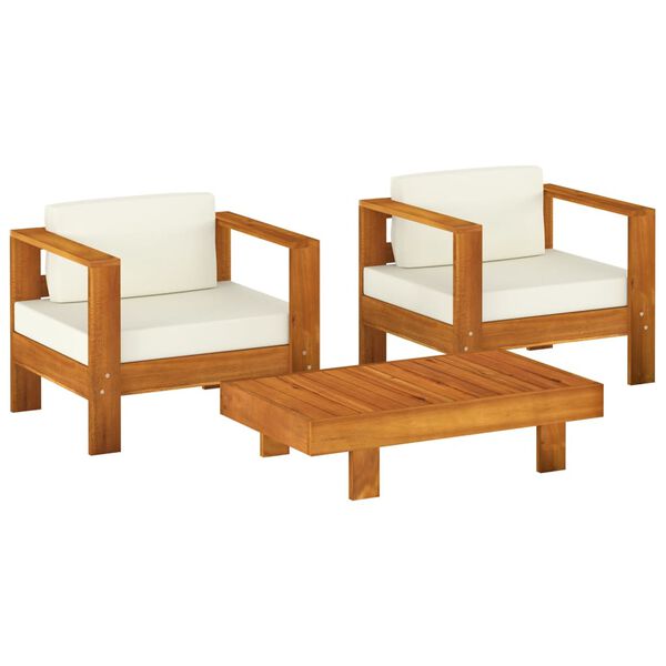 vidaXL Muebles de jard&iacute;n madera maciza 3 pzas con cojines blanco crema