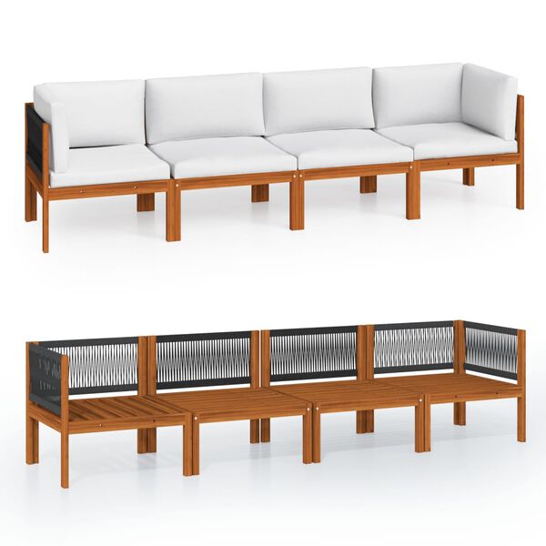 vidaXL Sofá de jardín de 4 plazas con cojín de madera de acacia y cuerda