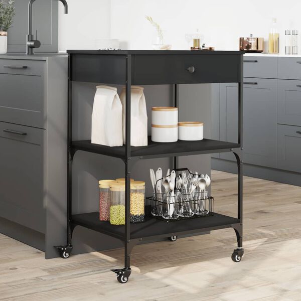 vidaXL Carrito de cocina de madera de ingeniería negro 60x48x89,5 cm