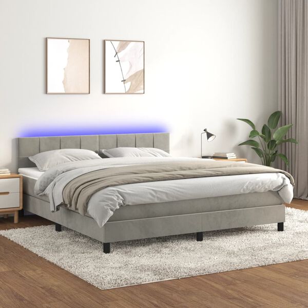 vidaXL Cama box spring colch&oacute;n y LED terciopelo gris claro 160x200 cm