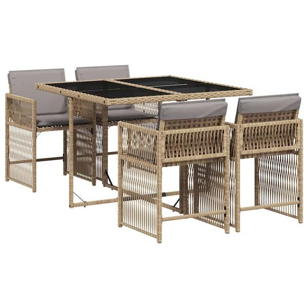 vidaXL Set comedor de jard&iacute;n 5 pzas con cojines rat&aacute;n sint&eacute;tico beige