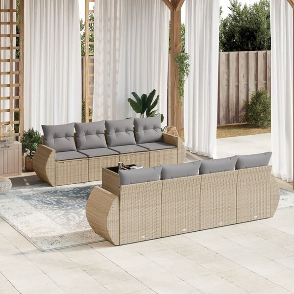 vidaXL Set de sof&aacute;s de jard&iacute;n 9 pzas con cojines rat&aacute;n sint&eacute;tico beige