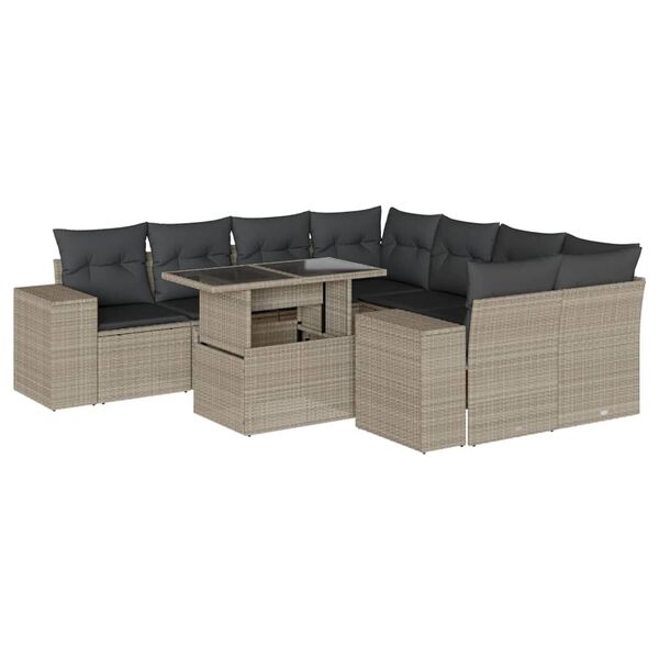 vidaXL Set muebles jard&iacute;n 9 pzas y cojines rat&aacute;n sint&eacute;tico gris claro