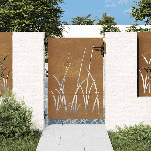 vidaXL Puerta de jard&iacute;n acero corten dise&ntilde;o hierba 85x125 cm