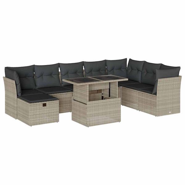 vidaXL Set muebles jard&iacute;n 9 pzas y cojines rat&aacute;n sint&eacute;tico gris claro