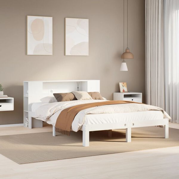 vidaXL Cama con estanter&iacute;a sin colch&oacute;n madera maciza blanca 140x200 cm