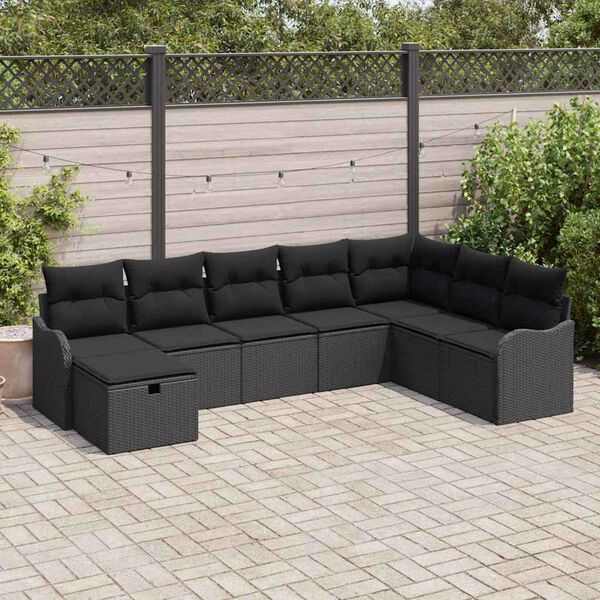 vidaXL Conjunto de sof&aacute; de jard&iacute;n con coj&iacute;n 8 pcs Negro Polirat&aacute;n