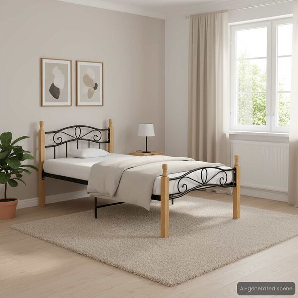 vidaXL Estructura cama sin colch&oacute;n metal madera roble negro 90x200 cm
