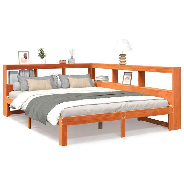 vidaXL Cama con estanter&iacute;a sin colch&oacute;n madera maciza marr&oacute;n 140x190 cm