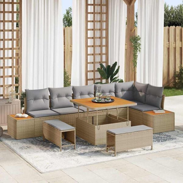 vidaXL Conjunto de sof&aacute;s de jard&iacute;n con coj&iacute;n 9 pcs Beige Polirat&aacute;n